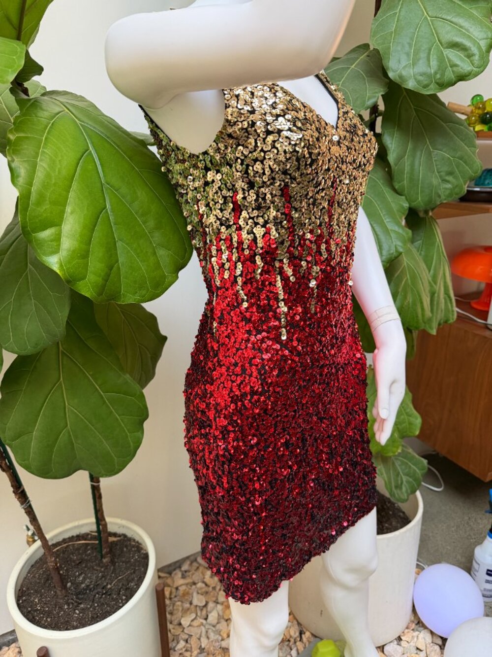 FIRE!! Red & Gold Sequin Mini Dress - Devil Halloween Dress or Costume S/M
